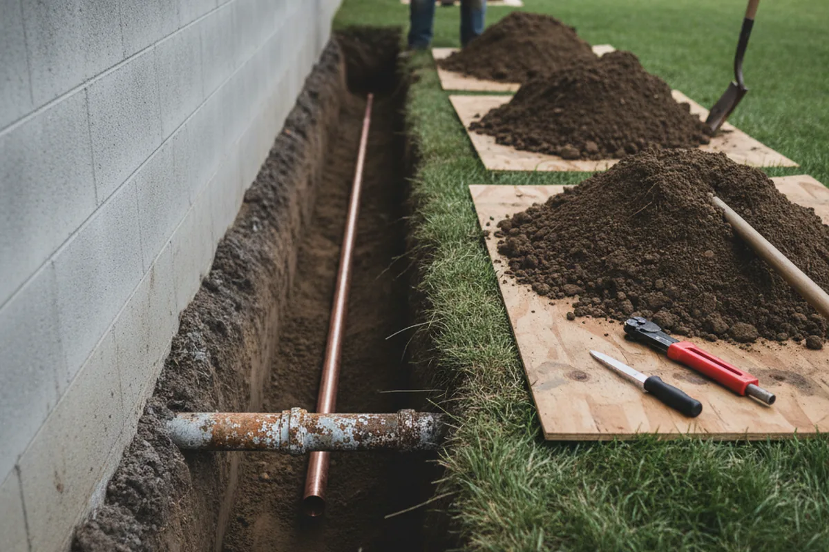 Excavated water line trench during Sewer Line Repair in Kellogg